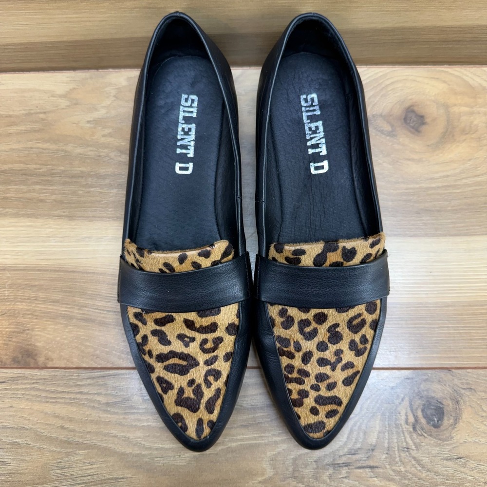 Silend D Cheetah Flats Womens 6 EU 36 Black Leather Pointed Toe Loafers Sabliere